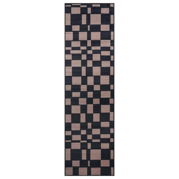 Checkered Block Slate Machine Washable Polyester Non-Slip Backing 2 ft. x 8 ft. Gray Area Rug