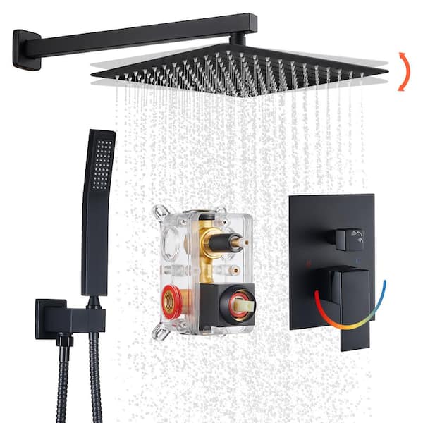 12 in. Rain Single Handle 1-Spray Shower Faucet Kit Handheld Combo w/ Valve 1.8 GPM Adjustable Dual Shower Head in Black