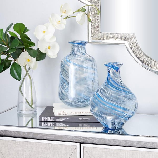 Litton Lane 7 in., 10 in. Blue Handmade Blown Glass Decorative Vase (Set of 2)