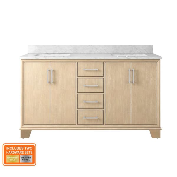 Nanterre 61 in. Double Sink Desert Birch Bath Vanity with White Natural Carrara Marble Top (Assembled)