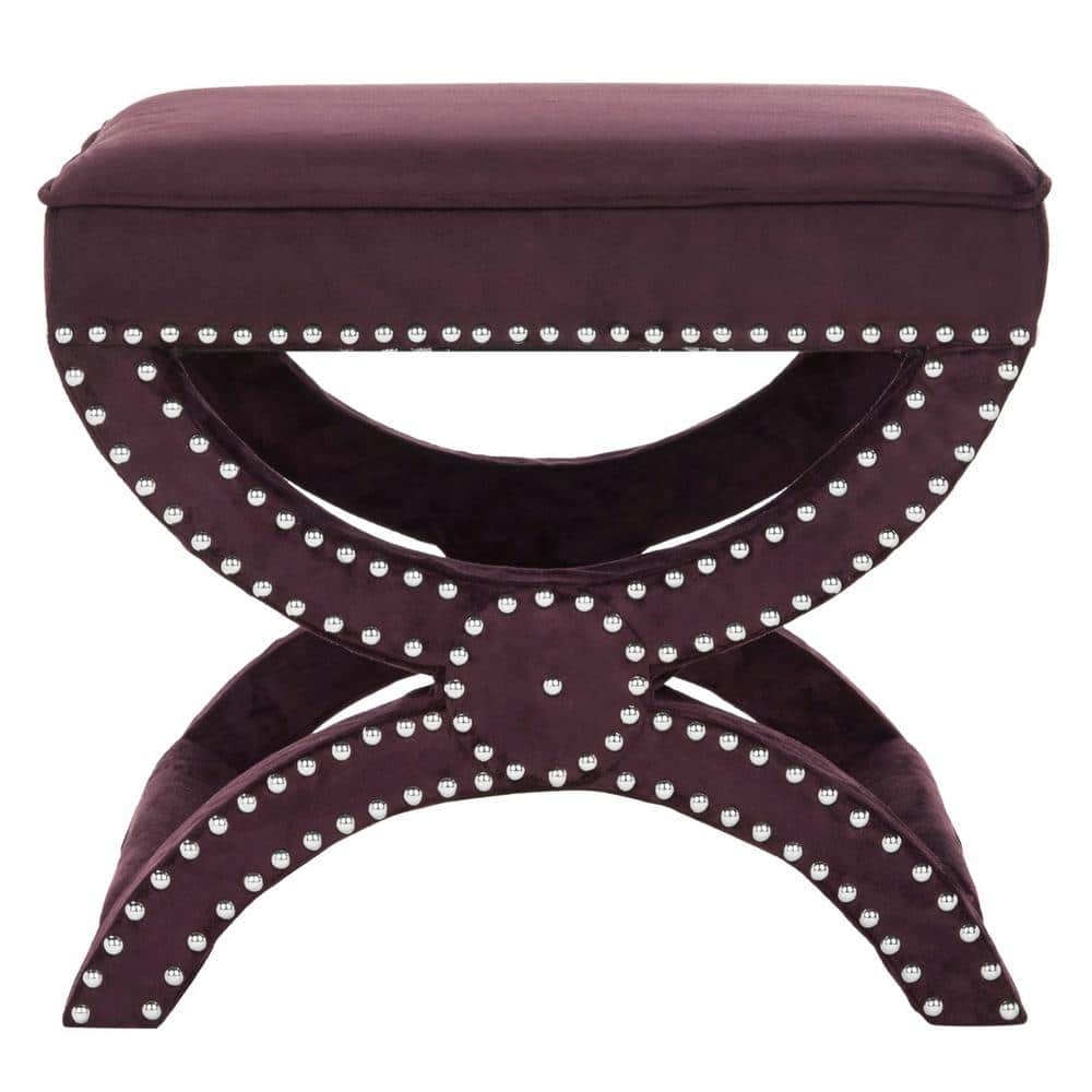 Plum Velvet Ottoman with Silver Nailhead Trim