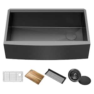 Kore 16-Gauge Black Stainless Steel 33 in. Single Bowl Round Farmhouse Apron Workstation Kitchen Sink with Accessories