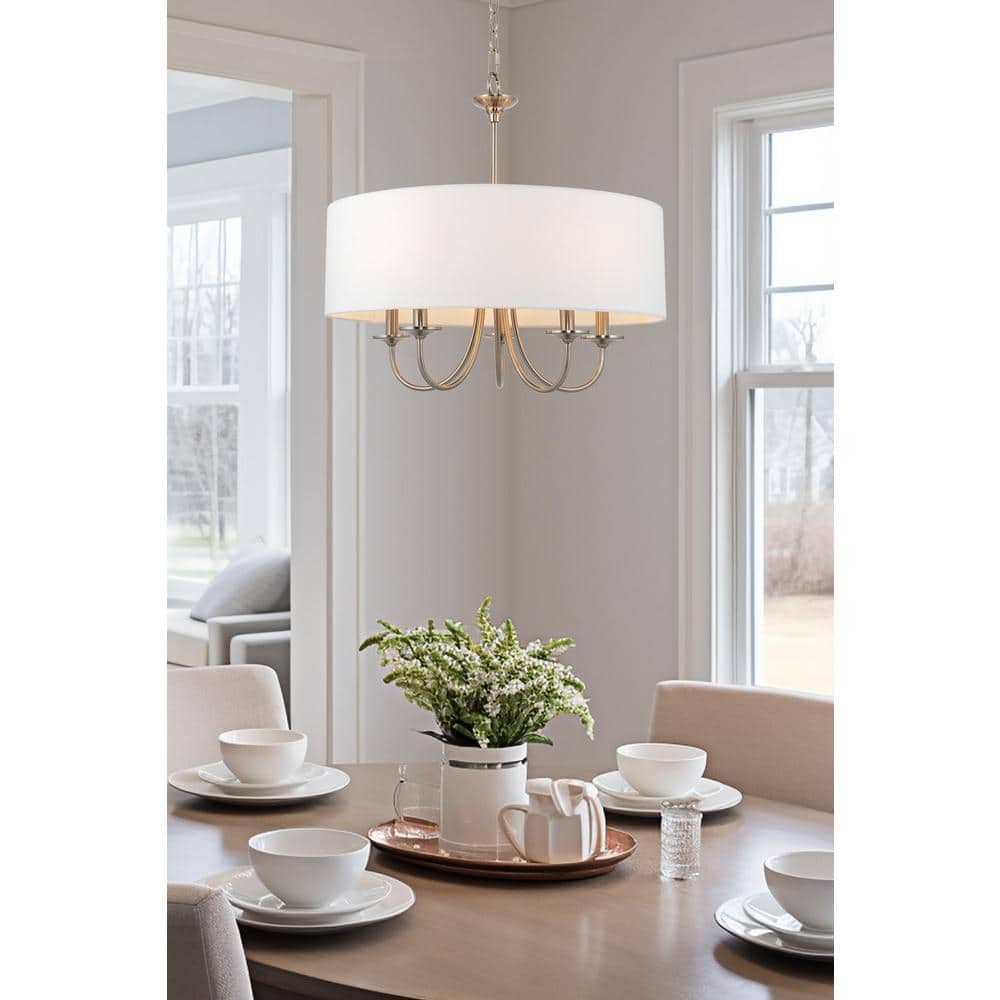 Elegant Brushed Nickel 5-Light Drum Chandelier with White Linen Shade