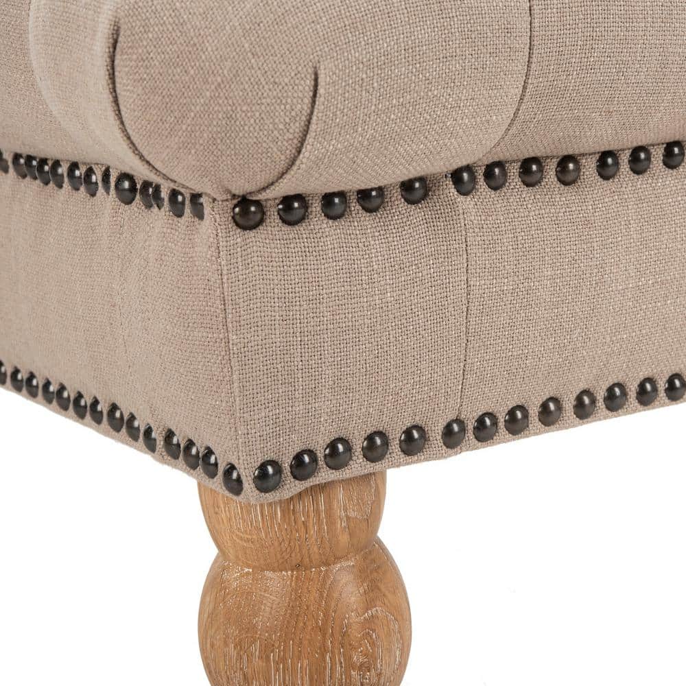 Taupe Linen-Poly Blend Bench with Turned Oak Legs