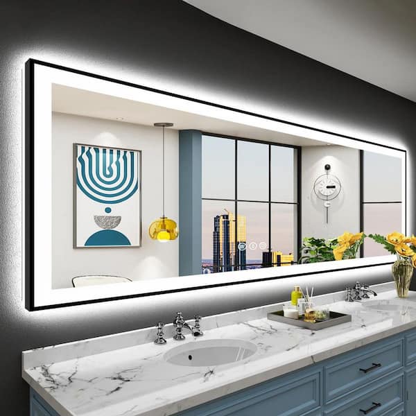 KIOTEE 96 in. W x 36 in. H Rectangular Framed Front and Back LED Lighted Anti-Fog Wall Bathroom Vanity Mirror in Tempered Glass