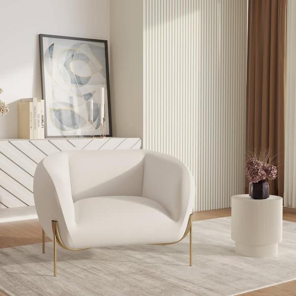 Leisuremod Upholstered Armchair Single Seater Sofa in Velvet with Gold Iron Legs Zuno Collection (White)