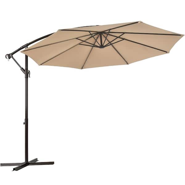 WELLFOR 10 ft. Iron Cantilever Tilt Patio Umbrella in Beige with Stand