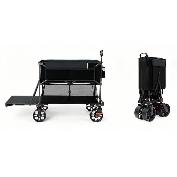 14.13 cu. ft. Steel Folding Double Decker Garden Cart Collapsible Heavy Duty All-Terrain Wagon with Brakes