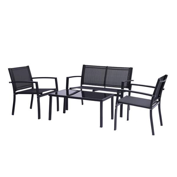 FORCLOVER 4-Piece Metal Patio Conversation Sets with Glass Coffee Table