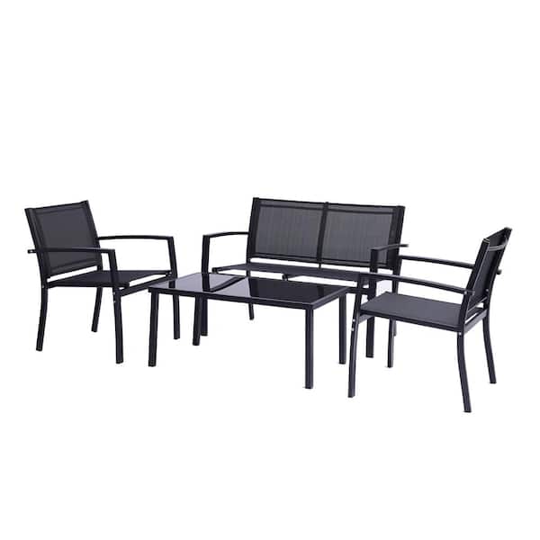 Unbranded Black 4-Piece Metal Patio Conversation Set Bistro Set Glass Coffee Table