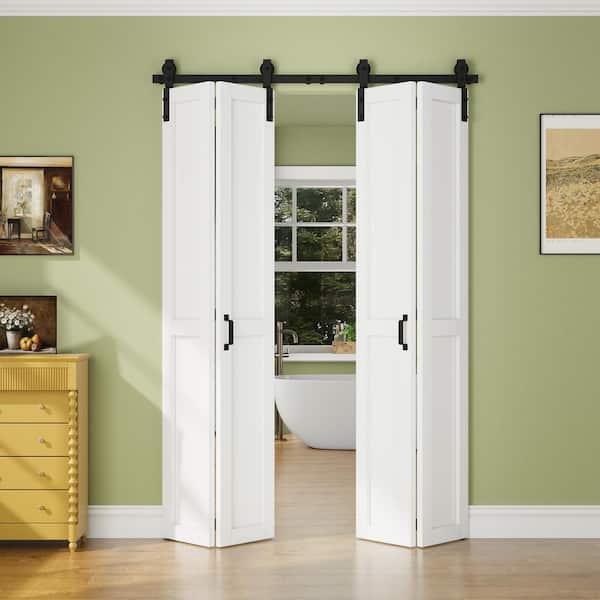 50 in. x 84 in. Paneled MDF White Primed H Shape Composite Bifold Sliding Barn Door with Hardware Kit