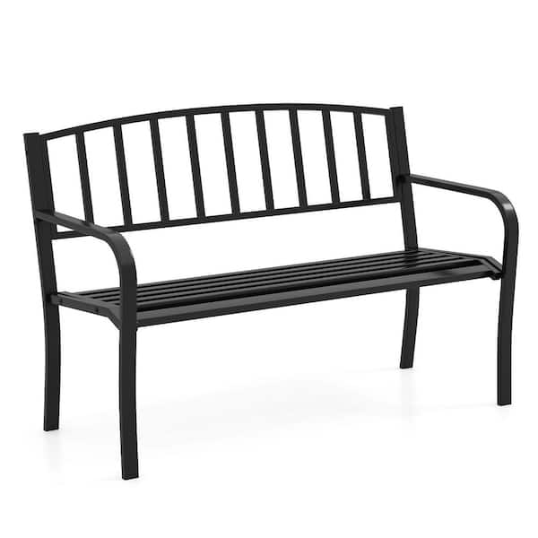ANGELES HOME 50 in. Metal Outdoor Garden Bench with Slatted Backrest and Curved Armrests-Black