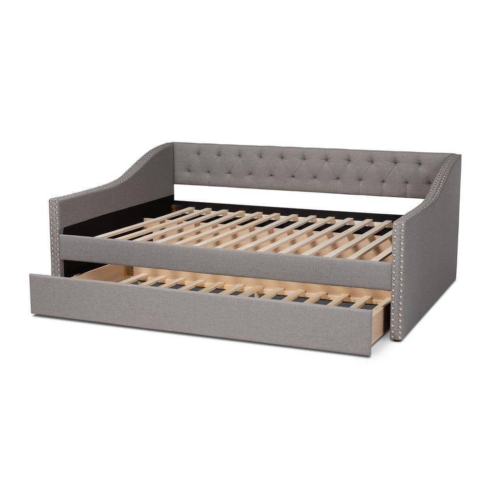 Light Gray Upholstered Full Daybed with Trundle and Nailhead Trim