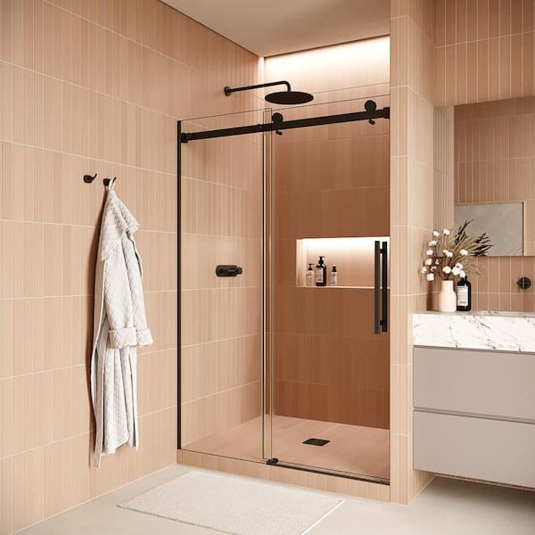 Streamline Sprague 48 in. W x 74 in. H Sliding Shower Door, CrystalTech Treated 5/16 in. Tempered,Clear Glass, Matte Black Hardware