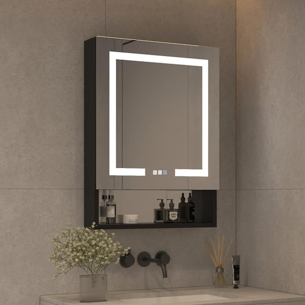 WELLFOR 24 in. W x 32 in. H Rectangular Black Aluminum Recessed/Surface Mount Medicine Cabinet with Mirror LED and Open Shelf
