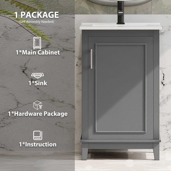 20 in. W Single Sink Freestanding Bath Vanity in Gray with White Ceramic Top, 1 Soft-Close Door