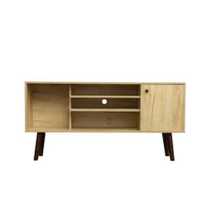 53 in. Oak Mid-Century TV Stand Entertainment Center with Storage Cabinet Fits TV's up to 60 in. with Open Shelves