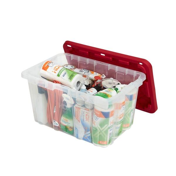 HDX 27 Gal. Tough Storage Tote in Clear with Red Lid 999-27G-C-HDX-R ...