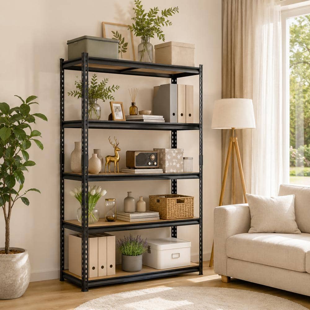 5-Shelf Metal Adjustable Garage Storage Shelving Unit in Black with MDF Shelf (35.4 in. W x 71 in. H x 15.7 in. D) price history on PriceWatchPro