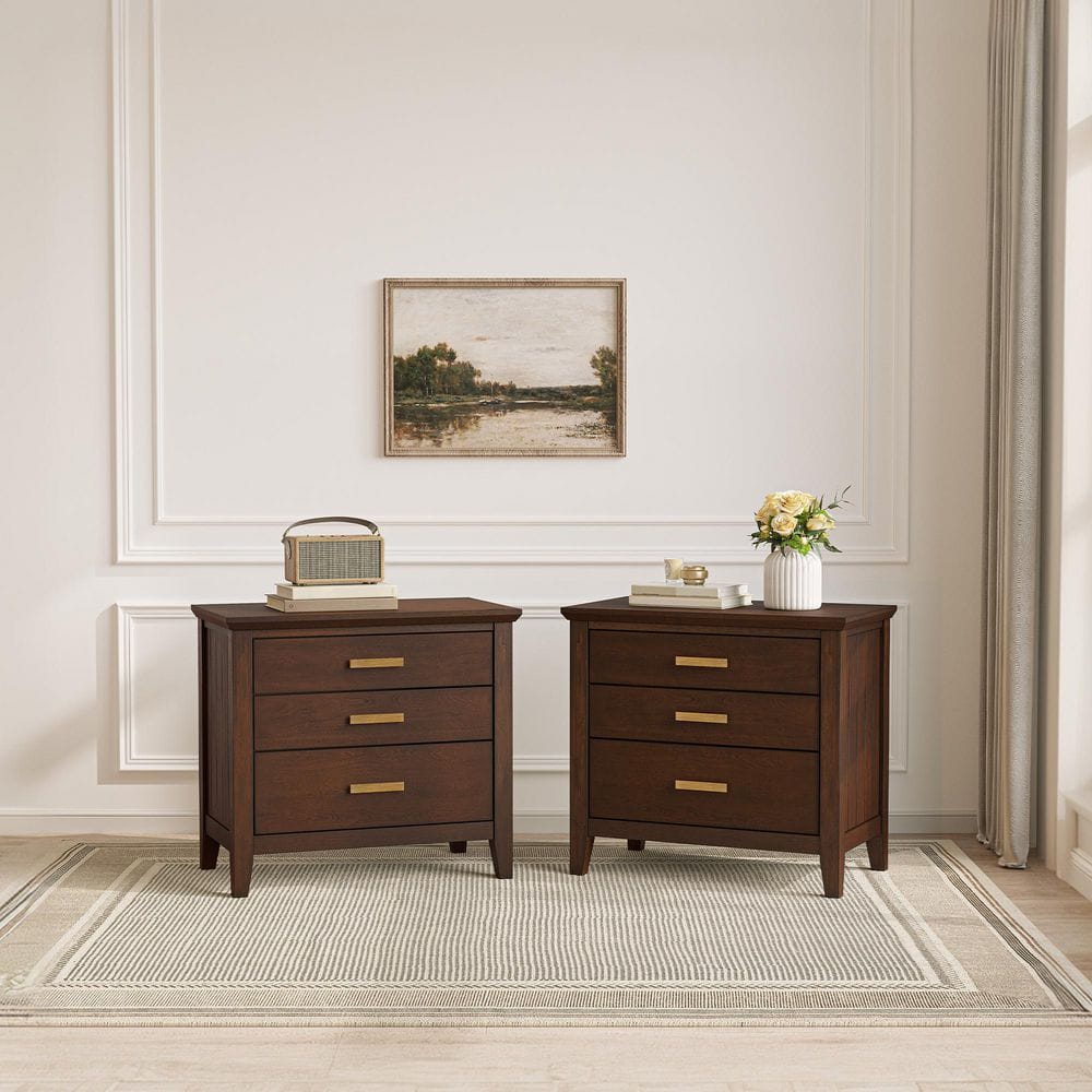 Farmhouse Solid Wood Nightstand 3 Drawers Storage Bedside Table with Handles for Bedroom in Dark Brown Set of 2