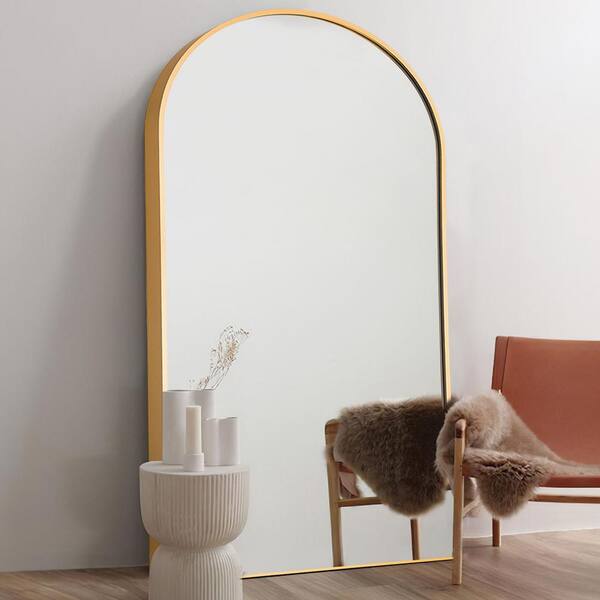 Modern Arch Metal Framed Gold, Leaning Wall Mirror Gold