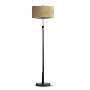Grande 68 in. Dark Bronze 2-Lights Adjustable Height Standard Floor Lamp with Drum Brown Shade