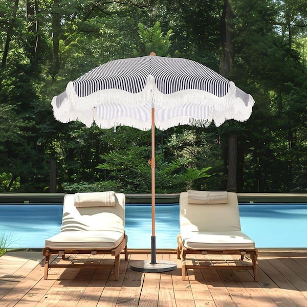 7 ft. Metal Tilt Beach Umbrella in Navy Blue Stripe with Fringe