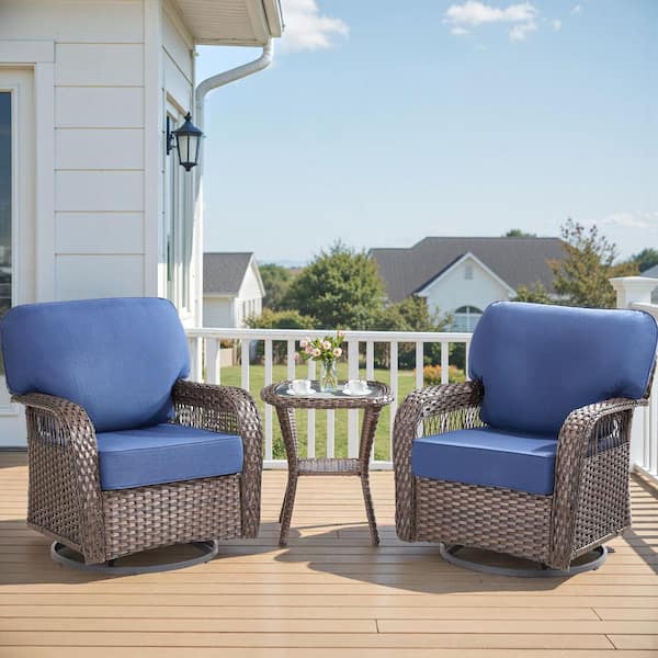 3-Piece Wicker Patio Conversation Outdoor Swivel Chair Set with Blue Cushions, Broaden the Backrest