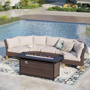 Brown Rattan Wicker 5-Seat 6-Piece Steel Outdoor Fire Pit Patio Set with Beige Cushions and Rectangular Fire Pit Table