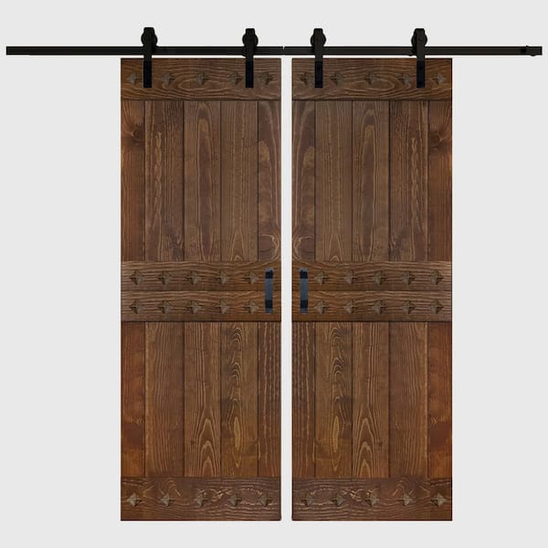 ISLIFE Mid-Century Style 60 in. x 84 in. Dark Walnut Finished DIY Knotty Pine Wood Sliding Barn Door with Hardware Kit