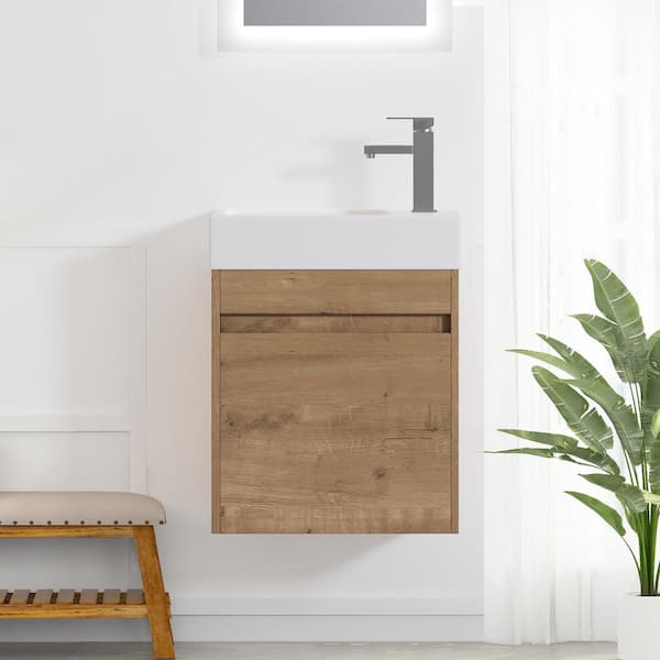 Tileon 18.1 in. W x 10.2 in. D x 22.8 in. H Float Mounting Bath Vanity Cabinet in Oak with White Gel Top with Soft Close Door