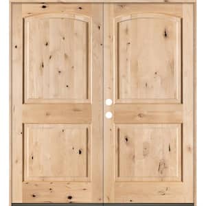 60 in. x 80 in. Rustic Knotty Alder 2-Panel Top Rail Arch Unfinished Right-Hand Inswing Wood Double Prehung Front Door