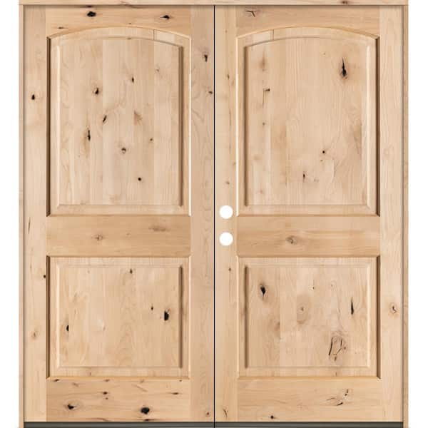 Krosswood Doors 60 in. x 80 in. Rustic Knotty Alder 2-Panel Top Rail Arch Unfinished Right-Hand Inswing Wood Double Prehung Front Door