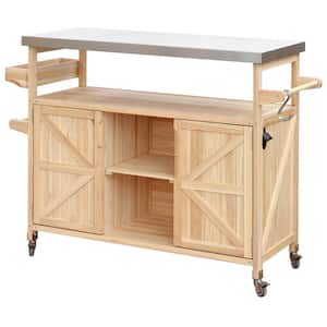 50.25 in. Patio Natural Wood Patio Outdoor Rolling Bar Cart Storage Cabinet Outdoor Bar with Spice Rack and Towel Rack