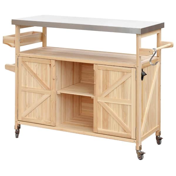 Runesay 50.25 in. Patio Natural Wood Patio Outdoor Rolling Bar Cart Storage Cabinet Outdoor Bar with Spice Rack and Towel Rack