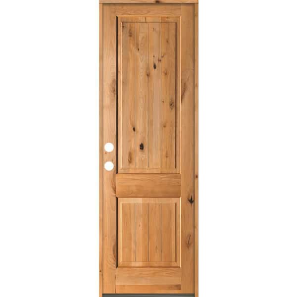 Krosswood Doors 30 in. x 96 in. Rustic Knotty Alder Square Top V-Grooved Clear Stain Right-Hand Inswing Wood Single Prehung Front Door