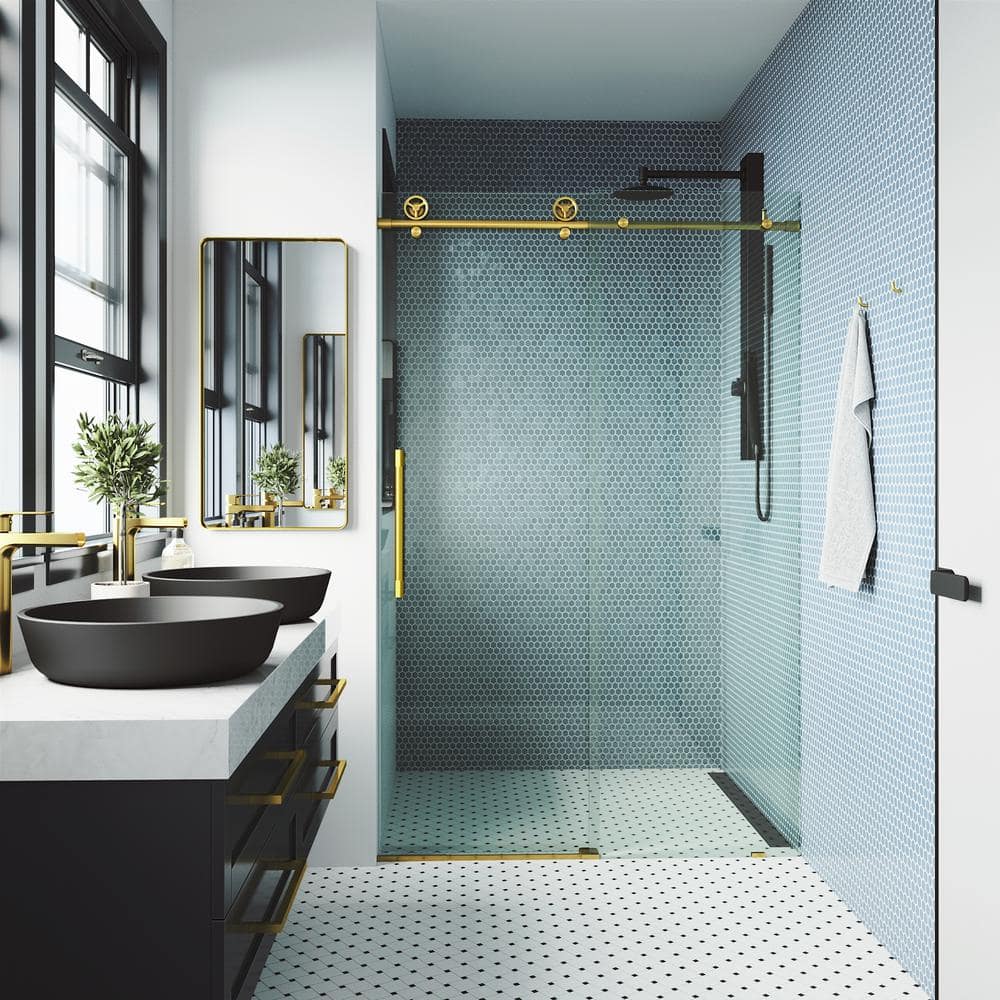 Elan Cass 44-48" Matte Gold Frameless Sliding Shower Door with Clear Glass