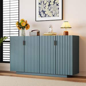 Antique Blue Wood 59.8 in. Sideboard with Adjustable Shelves, Plastic Foot Pads, 4-Wavy Doors and Copper Handles