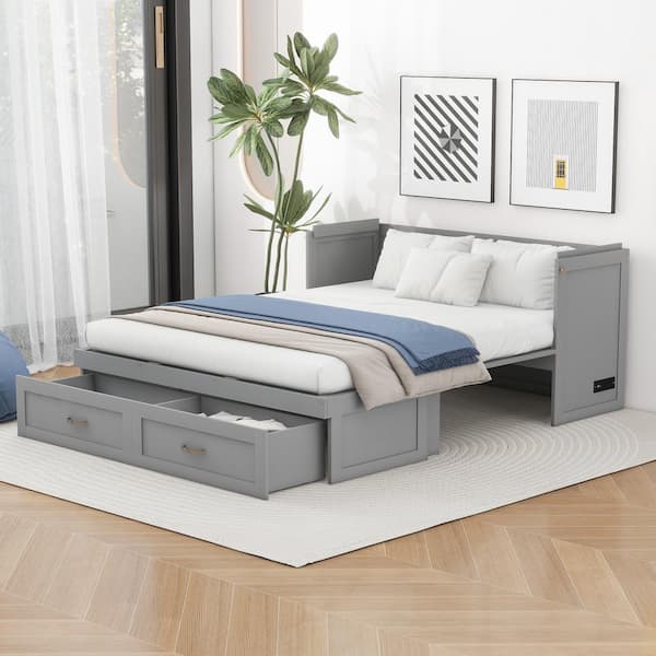 Harper & Bright Designs Gray Wood Frame Queen Size Murphy Bed with USB Ports and 2-Drawer