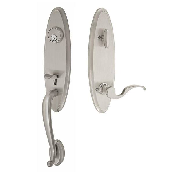 Fusion Brushed Nickel Westbrook Interconnect Interior Handle Set with Drop Tail Left Handed Lever
