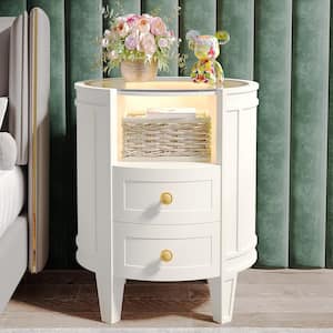 Fenley 2-Drawer White Wood Nightstand with Glass Tabletop, Modern Bedside Table for Bedroom