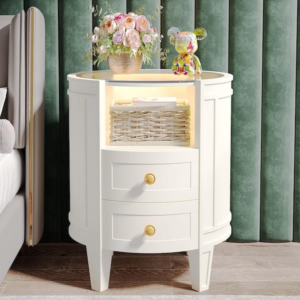 BYBLIGHT Fenley 2-Drawer White Wood Nightstand with Glass Tabletop, Modern Bedside Table for Bedroom