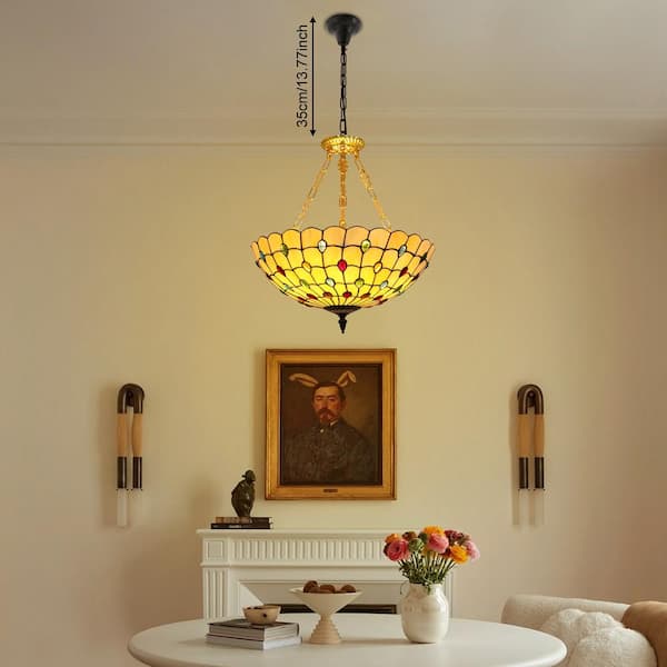 OUKANING 20.5 in. 5-Light Retro Stained Glass Shade Semi-Flush