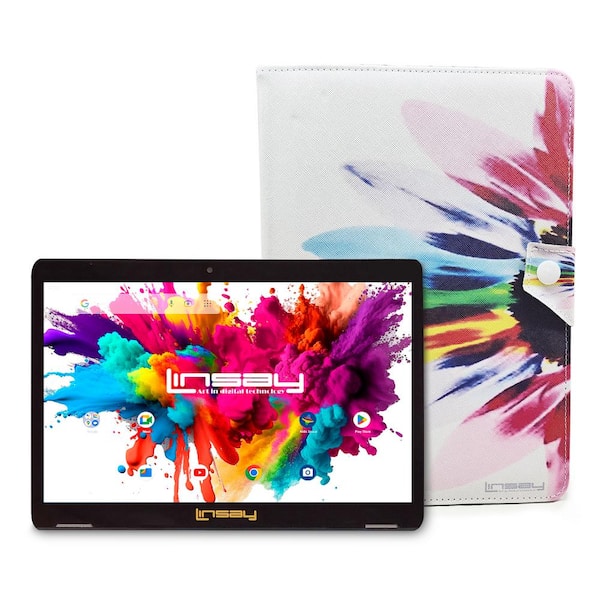 LINSAY 10.1 in. High End Octa Core Tablet 128GB Android 13 with Rainbow Marble Leather Protective Case