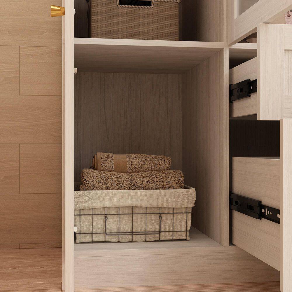 Light Oak Wood 63 in. Bedroom Armoire with Frosted Glass Doors, Double Hanging Rods and 2-Large Storage Drawers - thumbnail 3