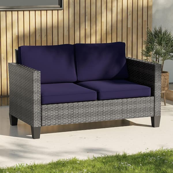 All-Weather Metal Frame Gray Wicker Outdoor Loveseat Patio Chaise Lounge with Navy Blue Cushions