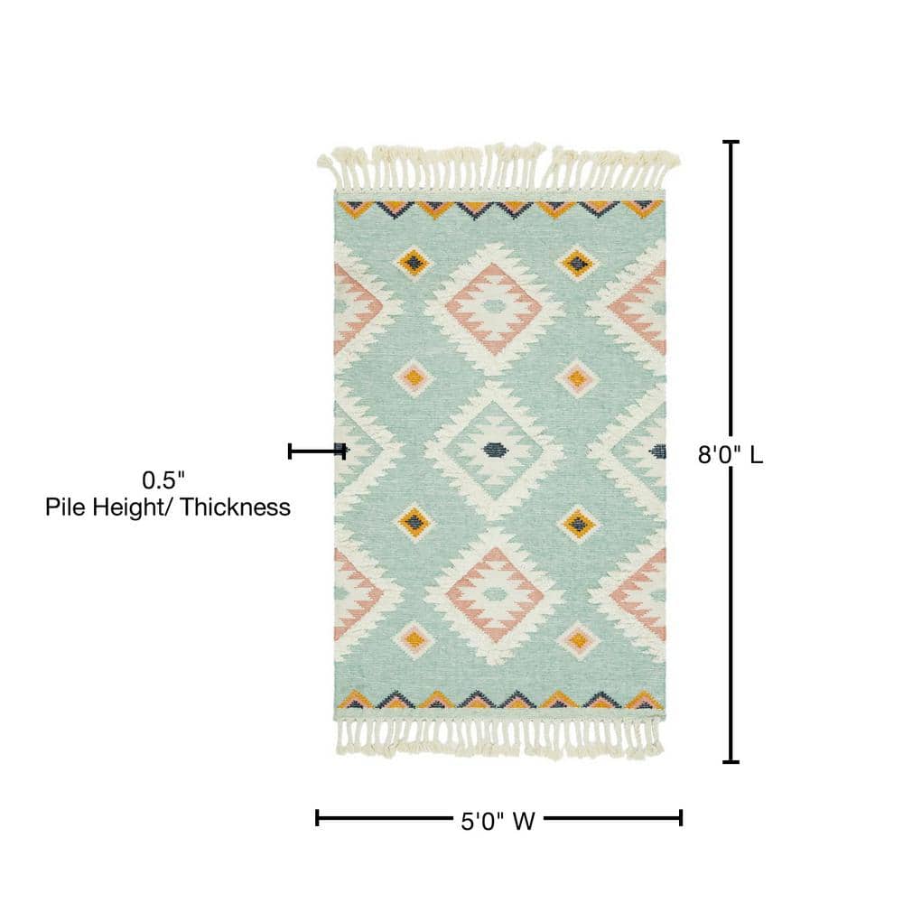 Light Aqua Geometric Hand-knotted Wool Area Rug