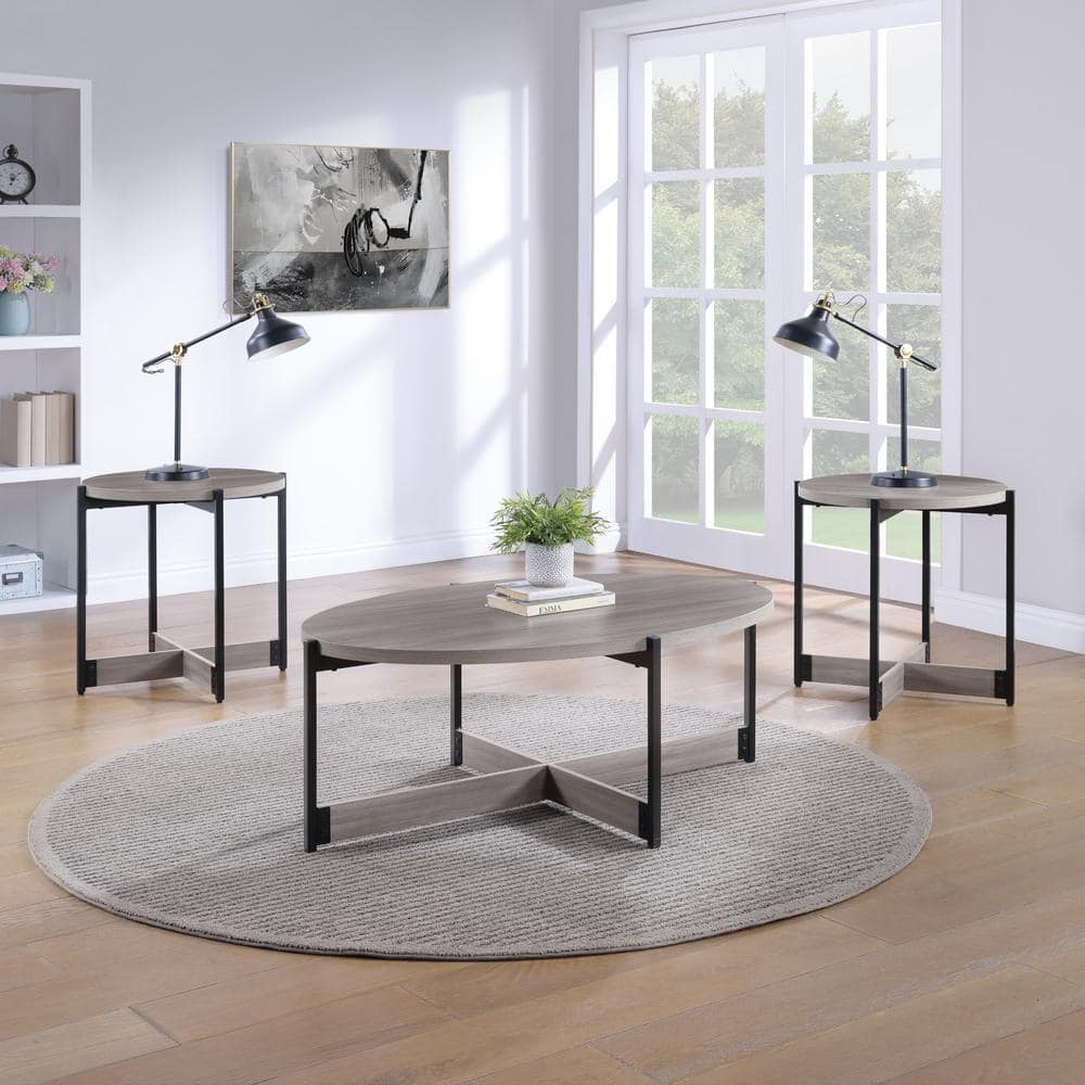 Gray Woodgrain and Black Metal 3-Piece Occasional Table Set