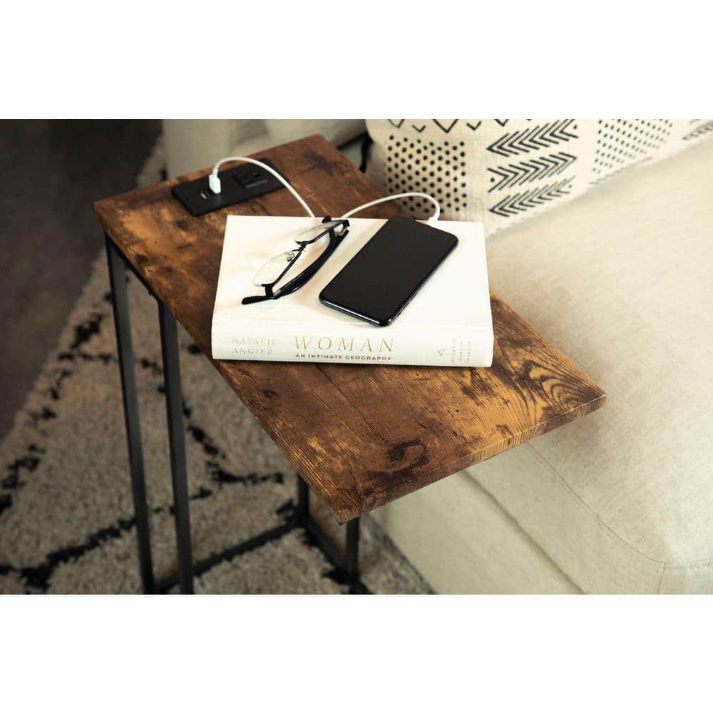 Industrial Gunmetal and Antique Brown Rectangular Snack Table with Power Outlet