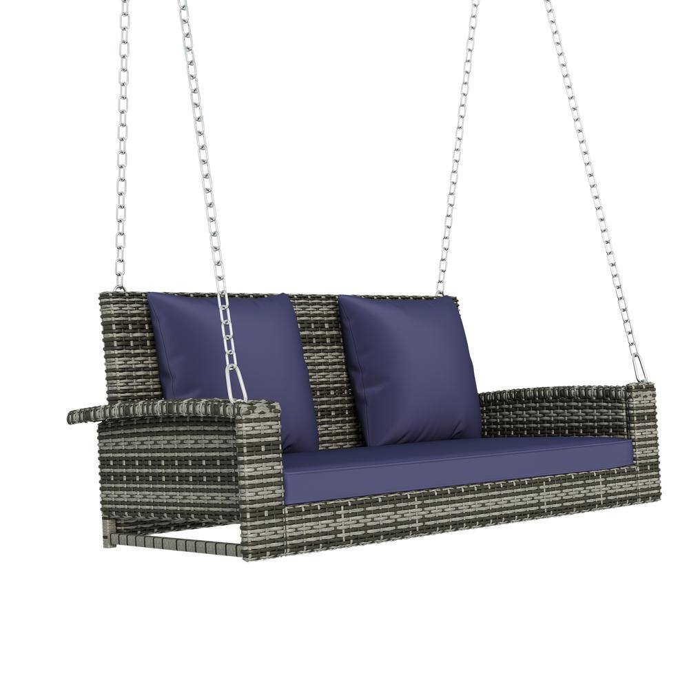 Blue-gray Wicker Porch Swing with Cushions and Galvanized Steel Frame